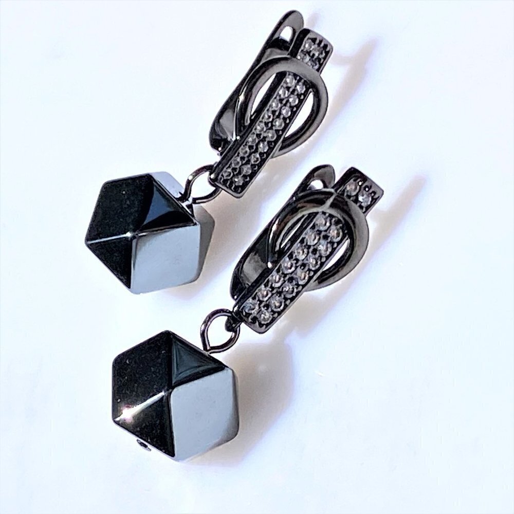 Hexadecagon Hematite Stone with Cubic Zirconia Studded Gunmetal Dangle Earrings